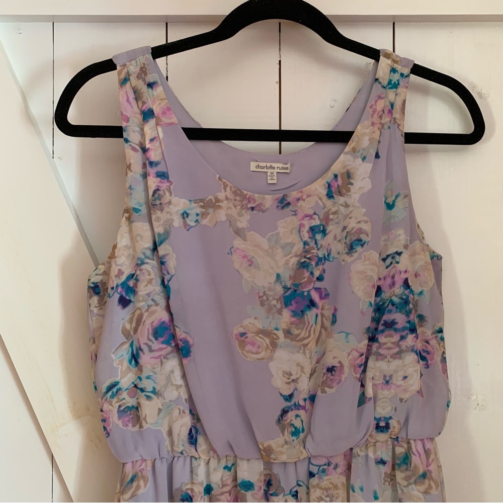 Lilac Lavender Floral Print Asymmetrical Flowy Feminine Boho Cottagecore Dress - Picture 2 of 7